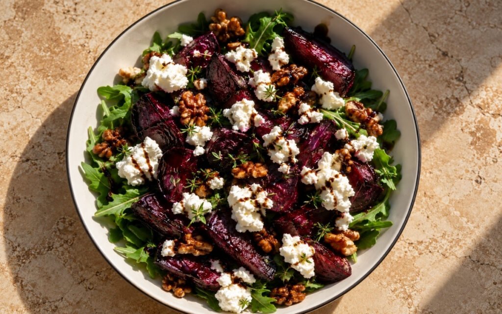 Roasted beetroot and goat cheese salad showing caramelized beet wedges, crumbled goat cheese, candied walnuts, and rocket with balsamic reduction, on marble surface