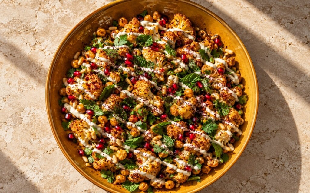 Roasted cauliflower and chickpea salad showing deeply golden roasted vegetables with thick tahini drizzle, pomegranate seeds, and fresh herbs, on marble surface