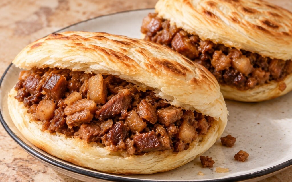 Roujiamo sandwich showing crisp layered flatbread packed with juicy, finely chopped braised pork belly, on marble surface