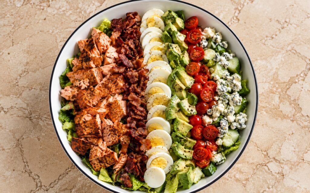 Salmon Cobb salad showing neat composed rows of flaked salmon, crispy bacon, eggs, avocado, and blue cheese over chopped lettuce, on marble surface