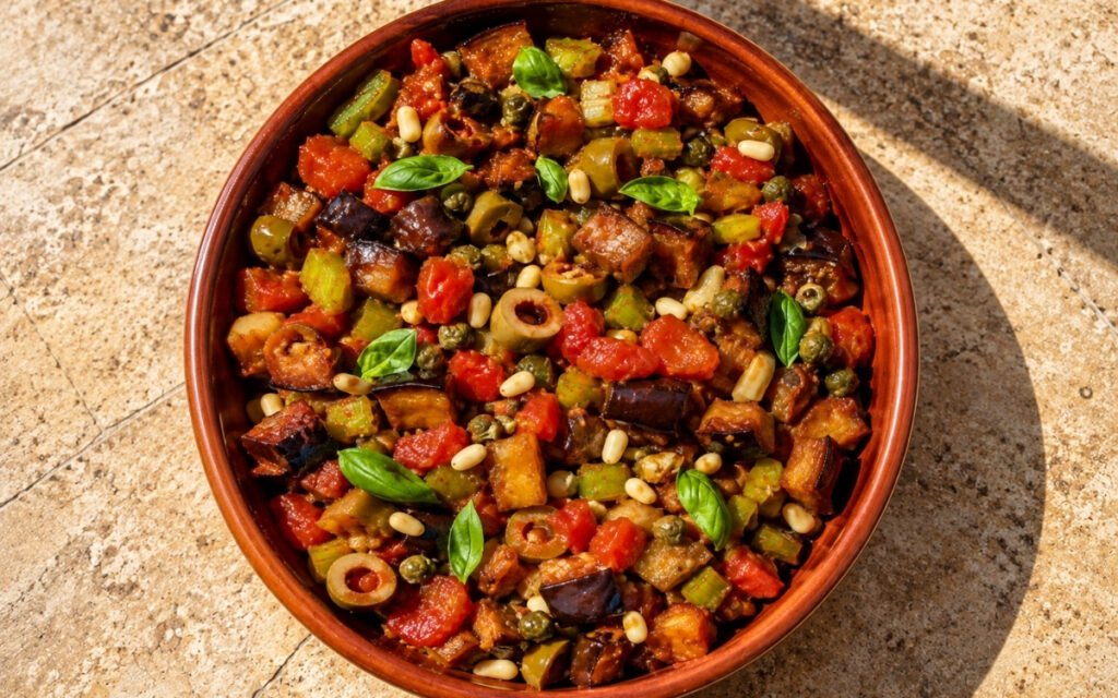 Sicilian caponata showing golden fried eggplant, green olives, capers, and pine nuts in a glossy sweet-sour tomato sauce, on marble surface