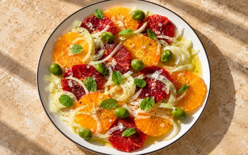 Sicilian orange and fennel salad showing overlapping orange rounds, thinly shaved fennel, olives, and fresh mint, on marble surface