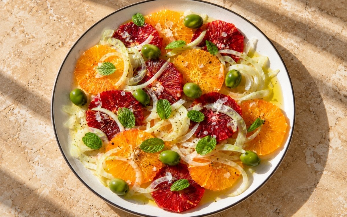 Sicilian orange and fennel salad showing overlapping orange rounds, thinly shaved fennel, olives, and fresh mint, on marble surface