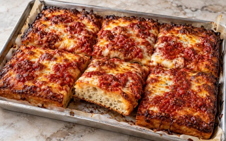 Sicilian-style sheet pan pizza showing a thick, airy crust with crisp caramelized edges, melted mozzarella, and tomato sauce, cut into square slices, on marble surface