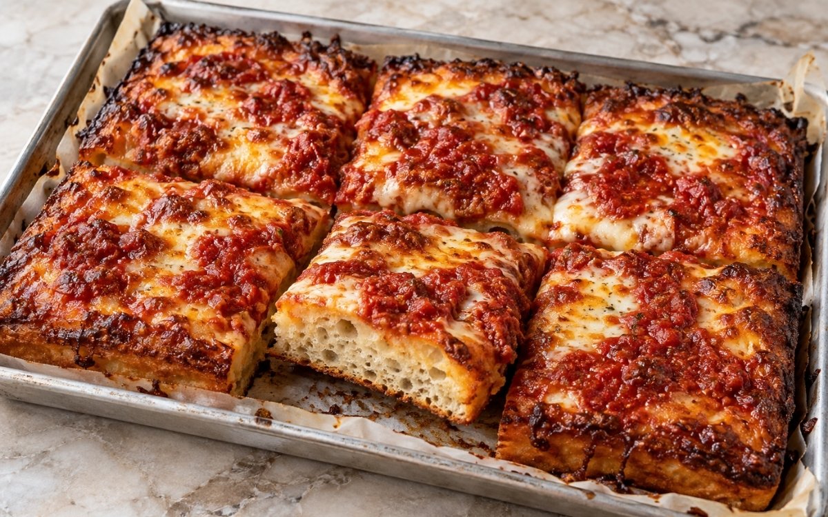 Sicilian-style sheet pan pizza showing a thick, airy crust with crisp caramelized edges, melted mozzarella, and tomato sauce, cut into square slices, on marble surface