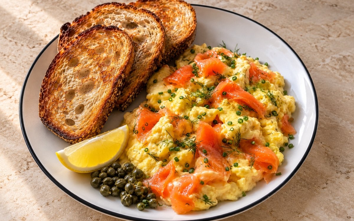 Smoked salmon scrambled eggs plate showing soft creamy eggs with smoked salmon ribbons, dill, and chives, served with toasted sourdough, capers, and lemon, on marble surface