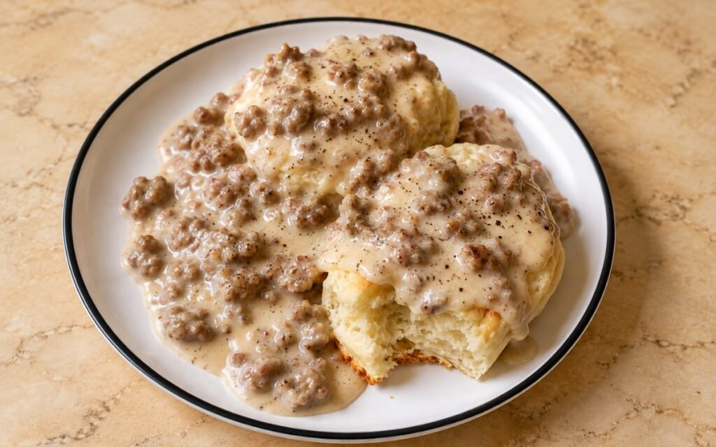 Southern biscuits and sausage gravy showing tall, flaky split biscuits covered with thick, peppery sausage gravy, on marble surface