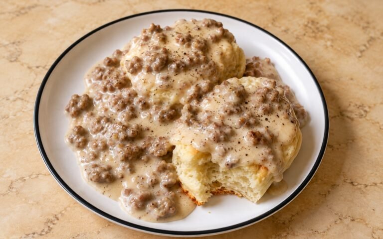 Southern biscuits and sausage gravy showing tall, flaky split biscuits covered with thick, peppery sausage gravy, on marble surface