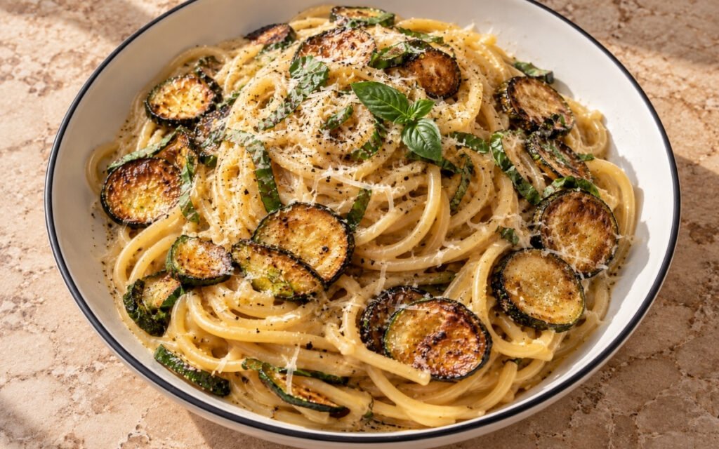 Spaghetti alla Nerano showing glossy pasta strands coated in emulsified Pecorino sauce with golden fried zucchini and fresh basil, on marble surface