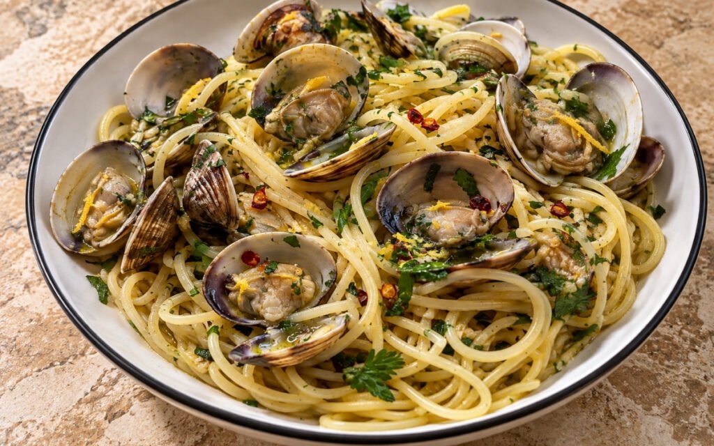 Spaghetti alle vongole showing glossy spaghetti tossed with fresh clams, garlic, parsley, and lemon zest, on marble surface