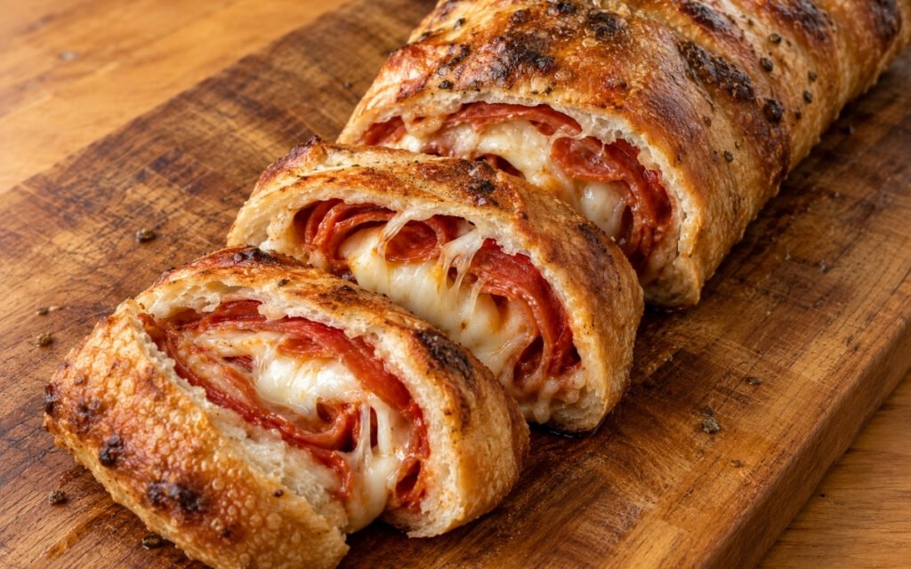 Stromboli with pepperoni and cheese showing a deeply golden, crisp crust with a molten cheese and pepperoni spiral, sliced thick, on marble surface