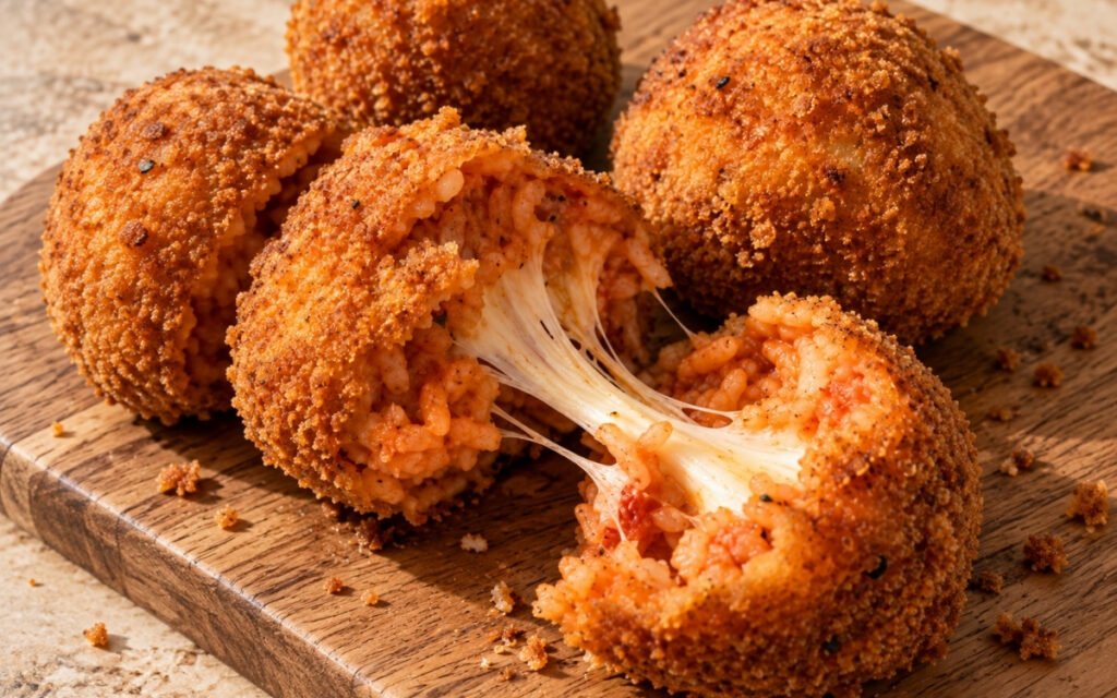 Supplì al telefono showing a crisp golden fried croquette split open with stretchy melted mozzarella and tomato-rich rice, on marble surface