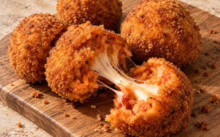 Supplì al telefono showing a crisp golden fried croquette split open with stretchy melted mozzarella and tomato-rich rice, on marble surface