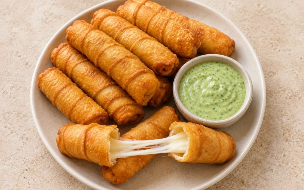 Tequeños showing deeply golden fried dough with melted stretchy cheese, served with guasacaca, on marble surface