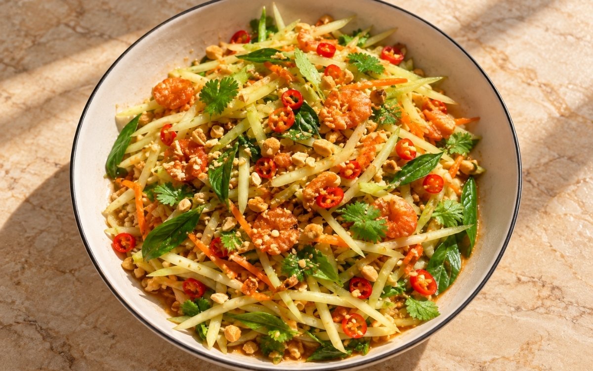 Thai green mango salad showing crisp julienned mango and carrot tossed with dried shrimp, peanuts, chili, and fresh herbs, on marble surface