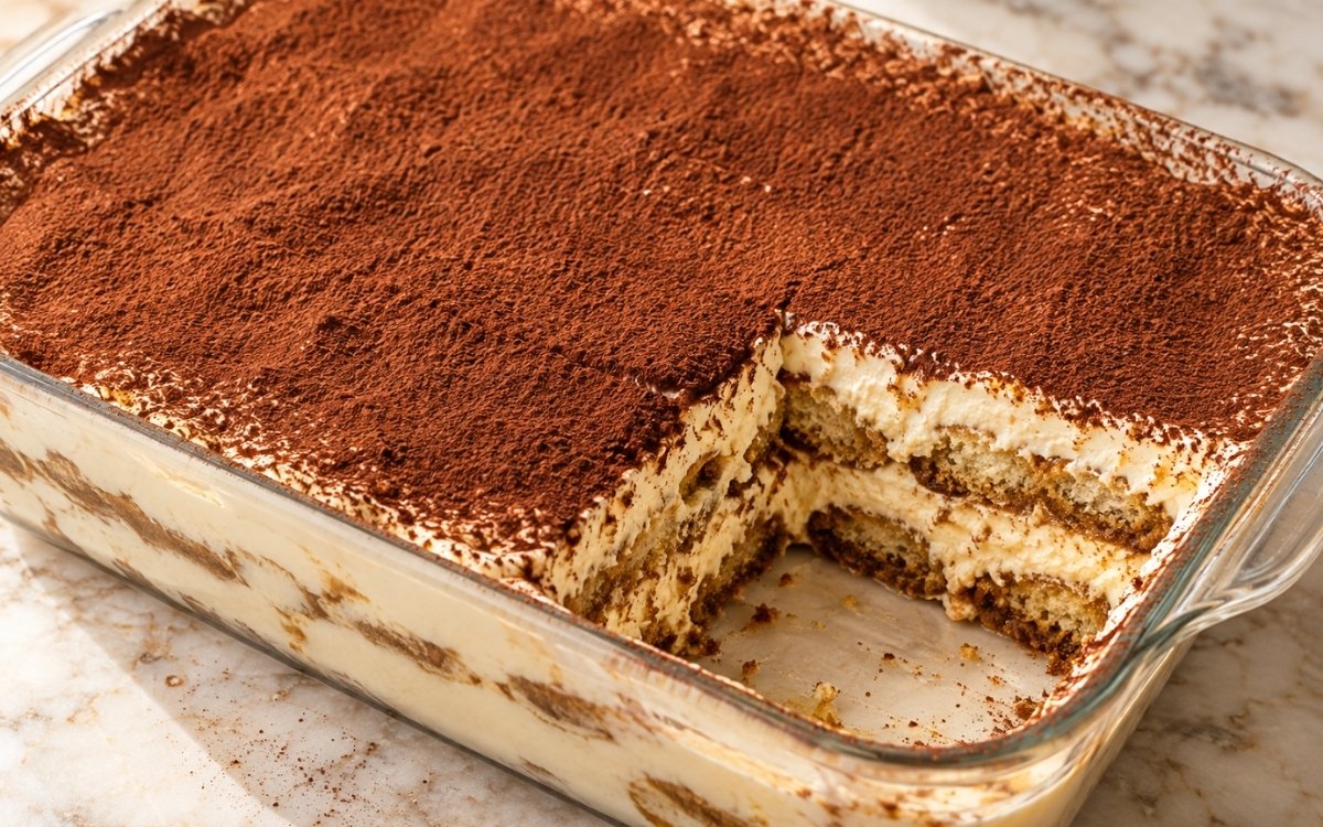 Tiramisu showing layers of espresso-soaked ladyfingers and light mascarpone cream, dusted generously with cocoa powder, on marble surface