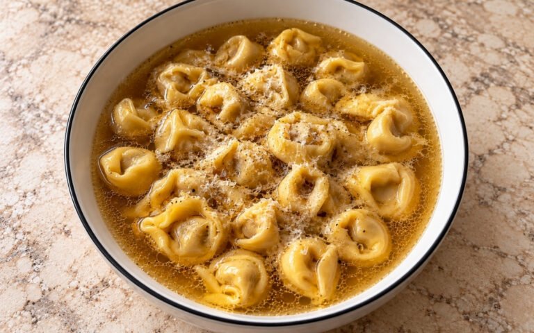 Tortellini in brodo showing plump meat tortellini in a clear, golden broth finished with grated Parmigiano-Reggiano, on marble surface