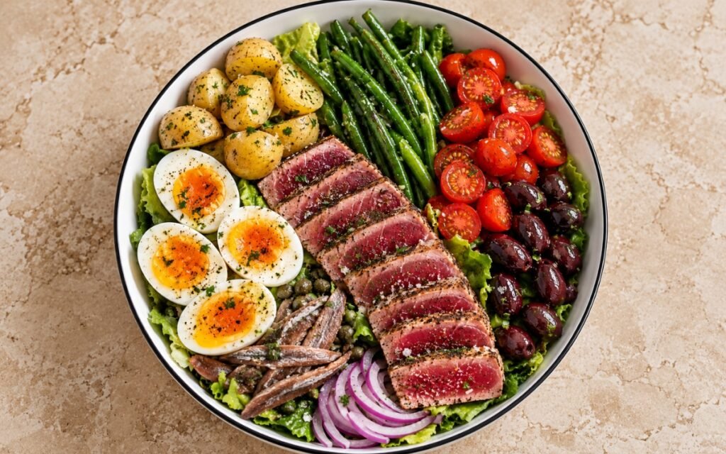 Tuna Niçoise salad showing composed sections of seared rare tuna, jammy eggs, haricots verts, potatoes, and olives over crisp greens, on marble surface