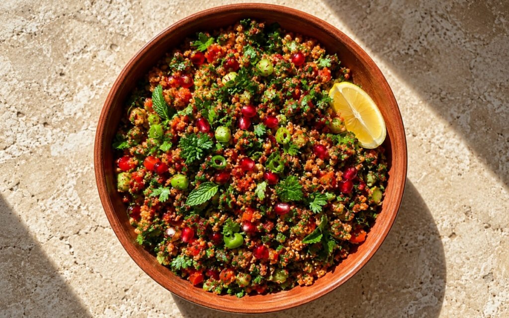 Kısır showing fluffy, lightly red-tinted bulgur tossed with parsley, mint, tomato, cucumber, and pomegranate seeds, on marble surface