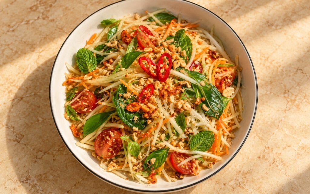 Gỏi đu đủ showing crisp julienned green papaya and carrot tossed with cherry tomatoes, peanuts, dried shrimp, and fresh herbs, on marble surface