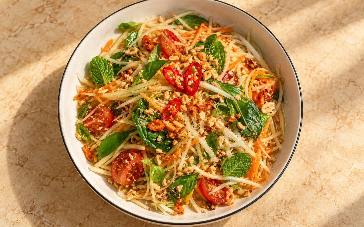 Gỏi đu đủ showing crisp julienned green papaya and carrot tossed with cherry tomatoes, peanuts, dried shrimp, and fresh herbs, on marble surface