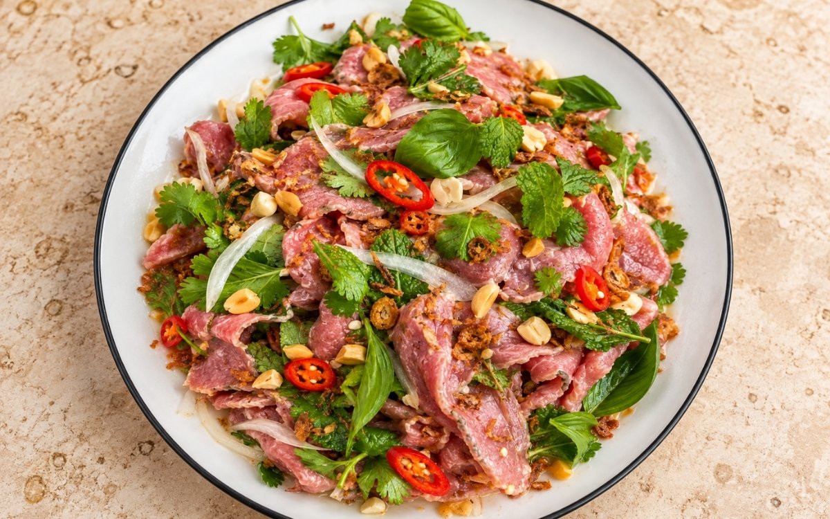 Bò tái chanh showing thinly sliced pink lime-cured beef tossed with fresh herbs, crushed peanuts, and crispy fried shallots, on marble surface