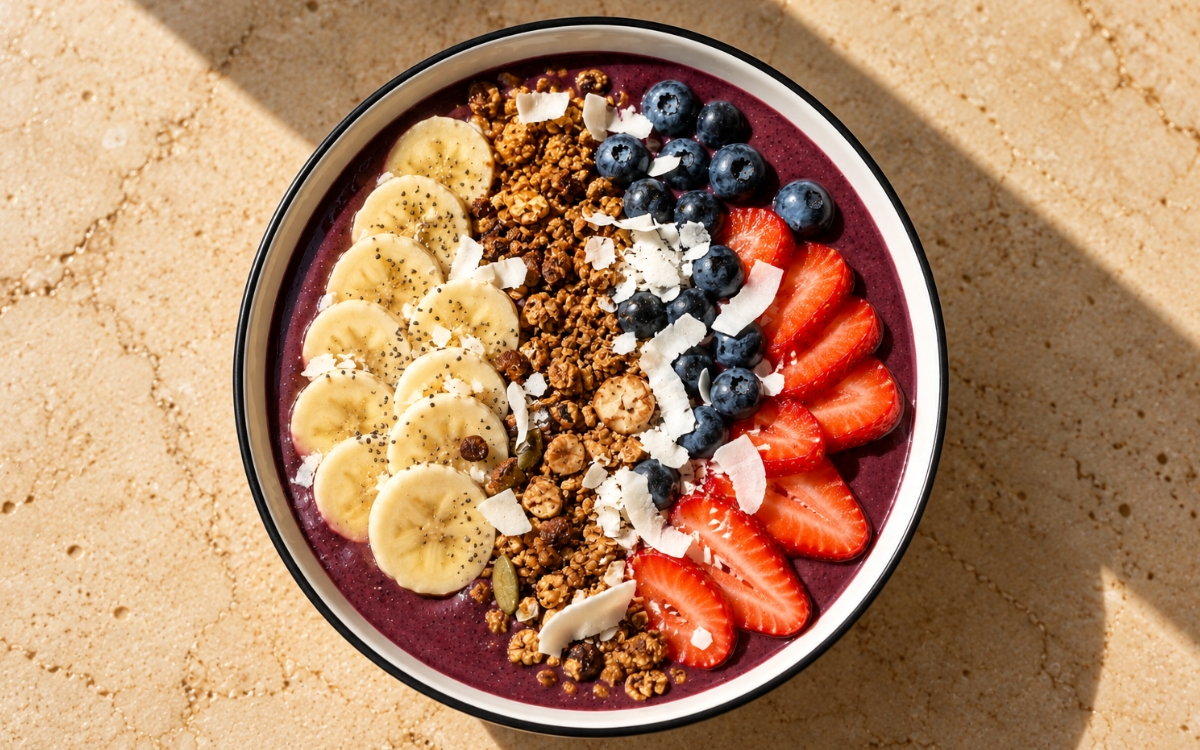 Açaí berry smoothie bowl showing a thick deep purple base topped with neat sections of banana slices, blueberries, strawberries, granola, and coconut flakes, on marble surface