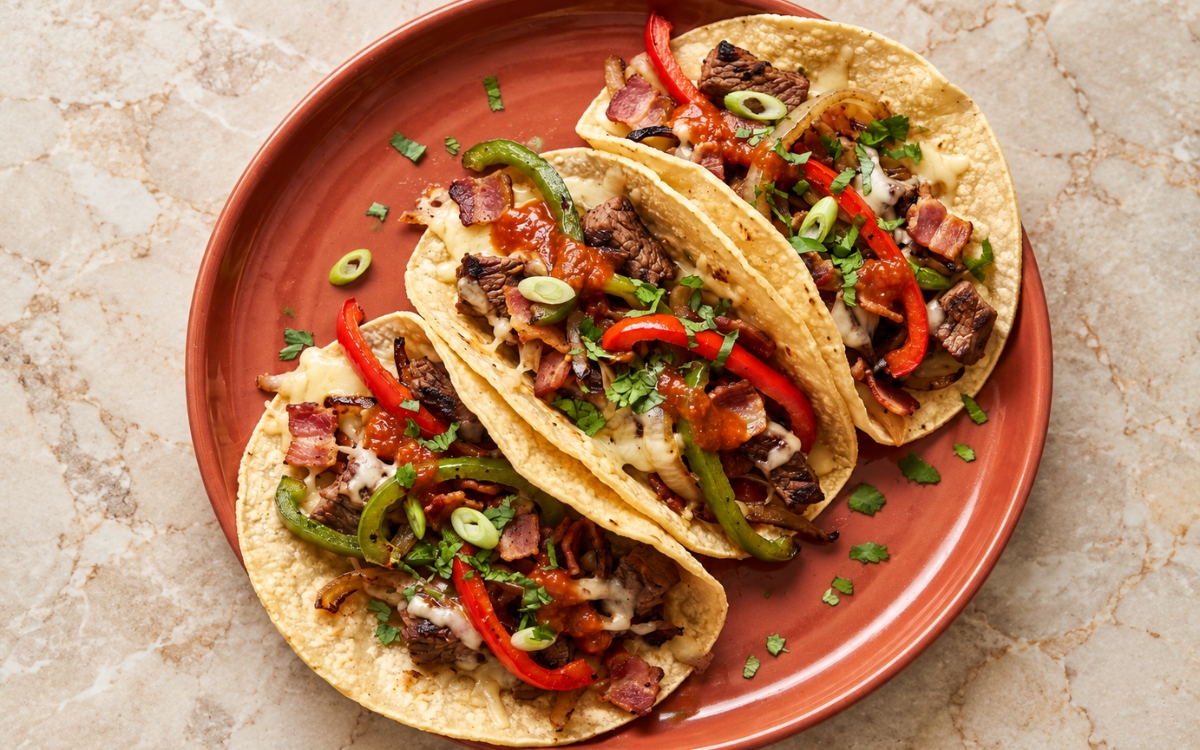 Alambre tacos showing warm corn tortillas filled with charred steak, crisp bacon, blistered peppers, onions, and melted cheese, topped with salsa roja, cilantro, and scallions, on marble surface