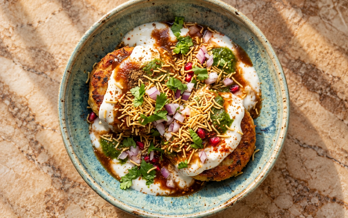 Aloo tikki chaat showing crisp golden potato patties topped with yogurt, tamarind chutney, green chutney, sev, red onion and cilantro, on marble surface