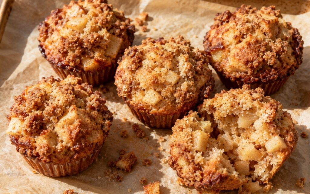 Apple ginger streusel muffins with golden craggy tops and crisp streusel topping