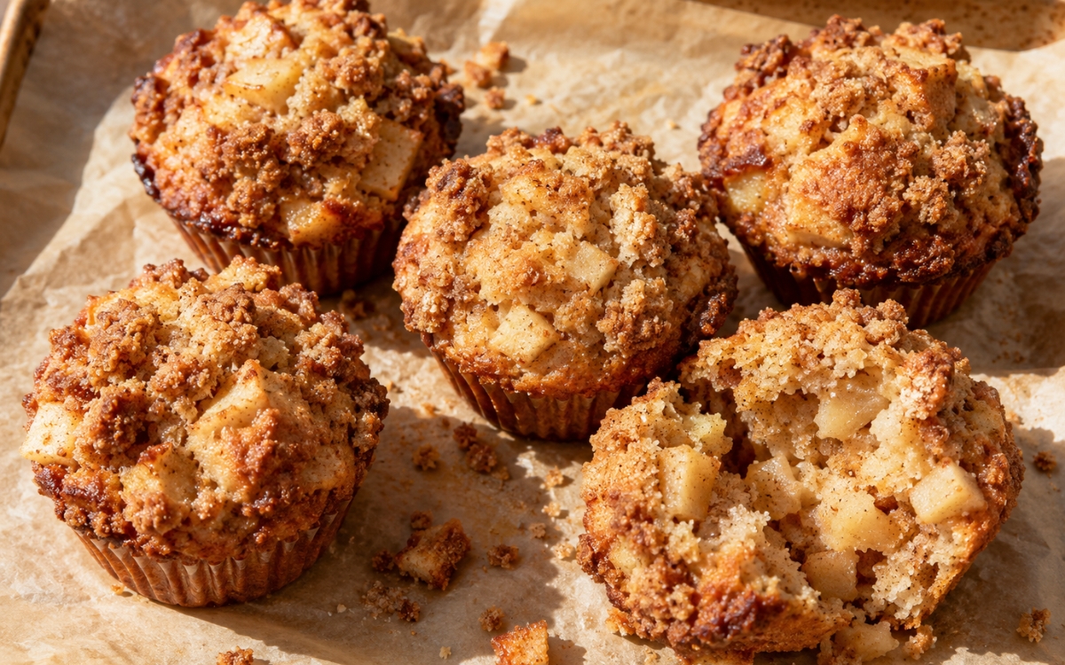 Apple ginger streusel muffins with golden craggy tops and crisp streusel topping