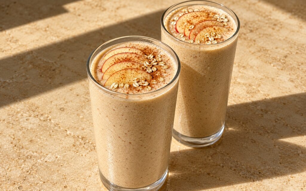 Apple pie smoothie in a tall glass showing a smooth pale beige drink, thin apple slices, rolled oats, and a dusting of cinnamon, on marble surface
