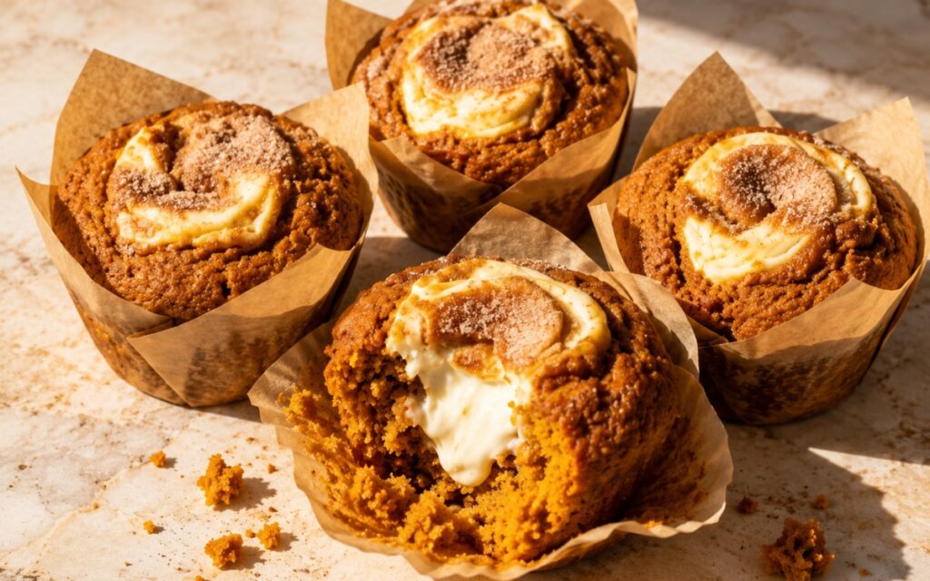 Bakery-style pumpkin cream cheese muffins with high domed tops and visible cream cheese filling