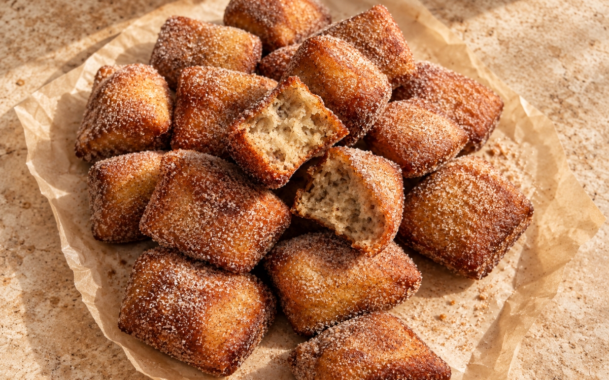 Banana bread donut bites coated in cinnamon sugar, piled on a plate