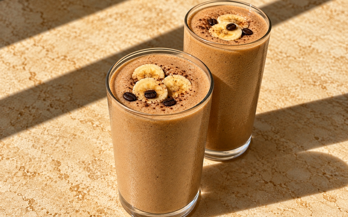 Banana coffee smoothie in a tall glass showing a glossy light mocha-coloured drink with a frothy top, banana slices, coffee beans, and a cocoa dusting, on marble surface