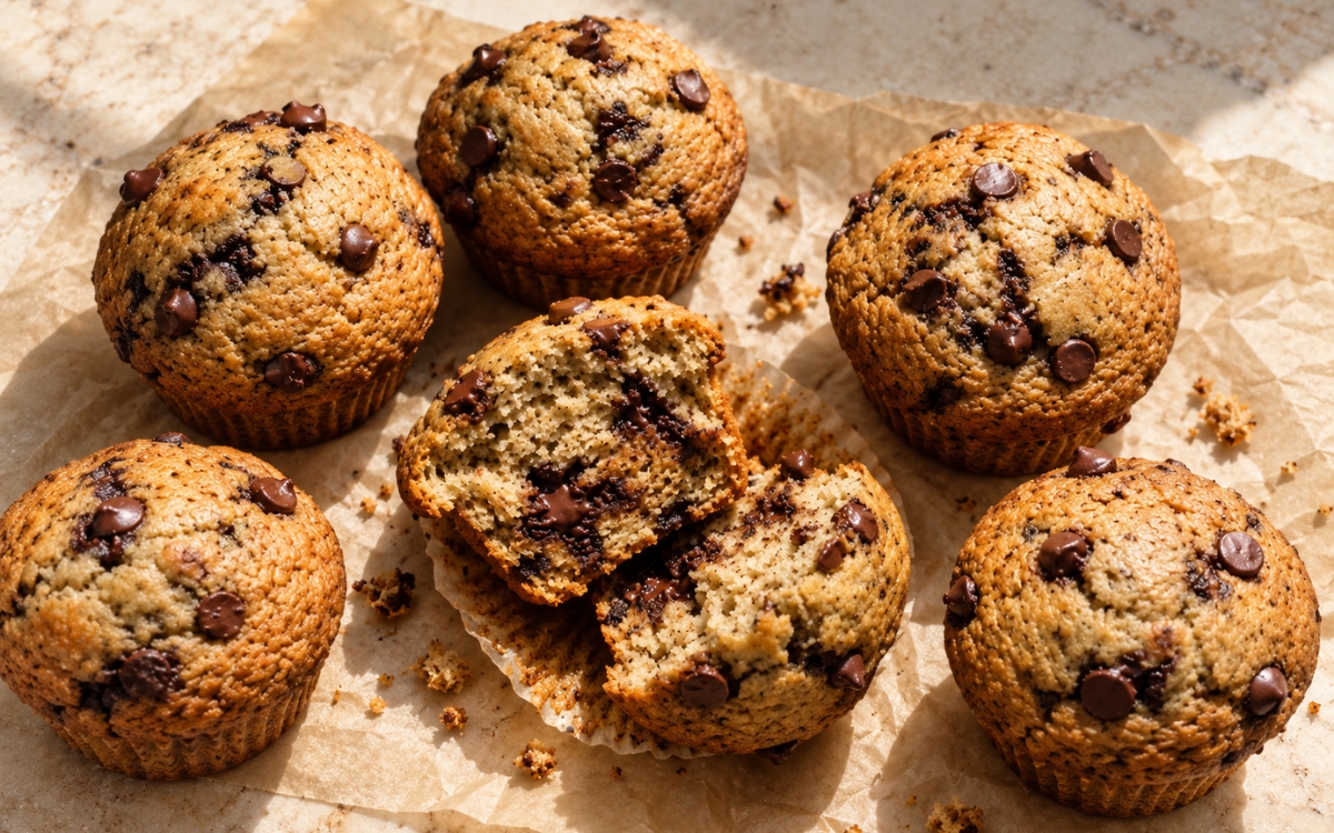 Banana espresso chocolate chip muffins with high domed tops and melted chocolate