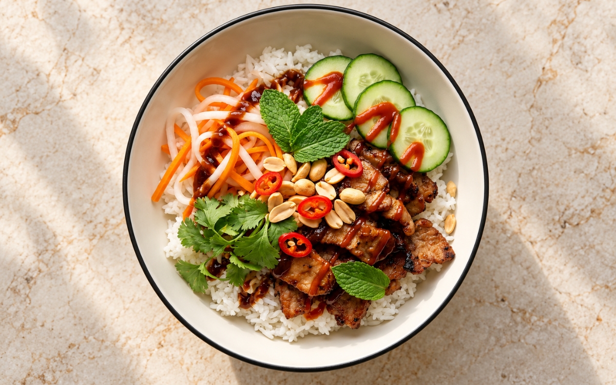 Banh Mi Rice Bowl showing caramelised lemongrass pork over jasmine rice with pickled carrot and daikon, cucumber, cilantro, mint, red chilli and lime, on marble surface