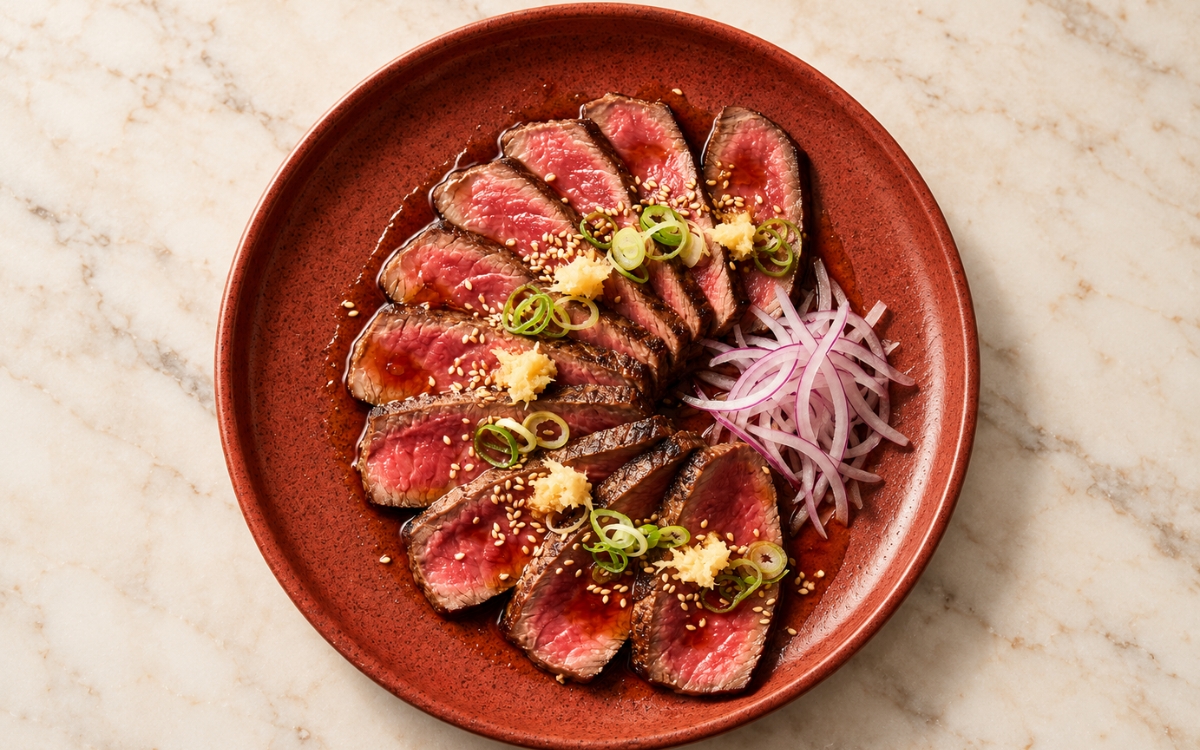 Beef tataki showing thin overlapping slices of rosy seared beef with glossy ponzu, grated ginger, scallions, sesame seeds, and red onion, on marble surface