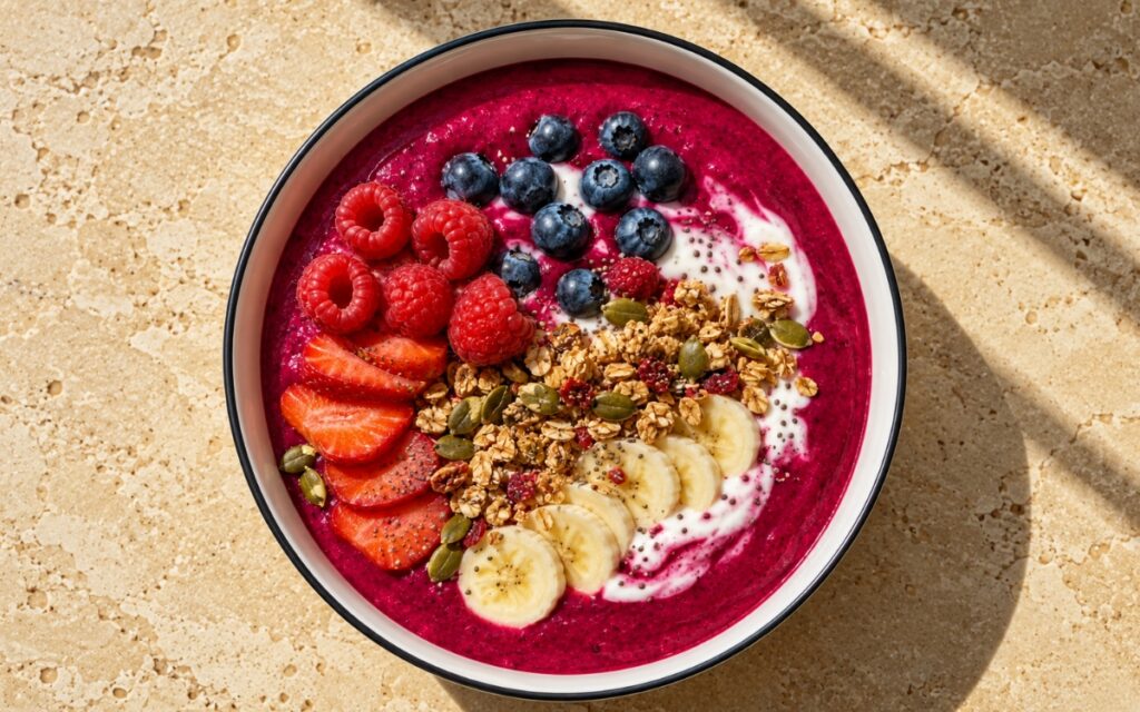 Beet berry smoothie bowl topped with fresh raspberries, blueberries, strawberry slices, banana coins, and a yogurt swirl