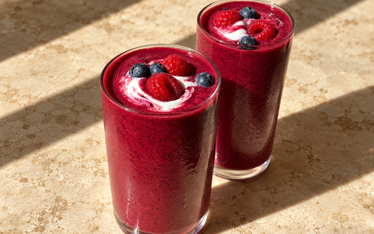 Beet berry smoothie showing a thick vivid ruby-magenta smoothie topped with a yogurt swirl, raspberries, and blueberries, on marble surface