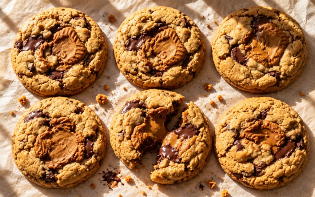 Stuffed Biscoff chocolate chip cookies broken in half showing a creamy cookie butter center