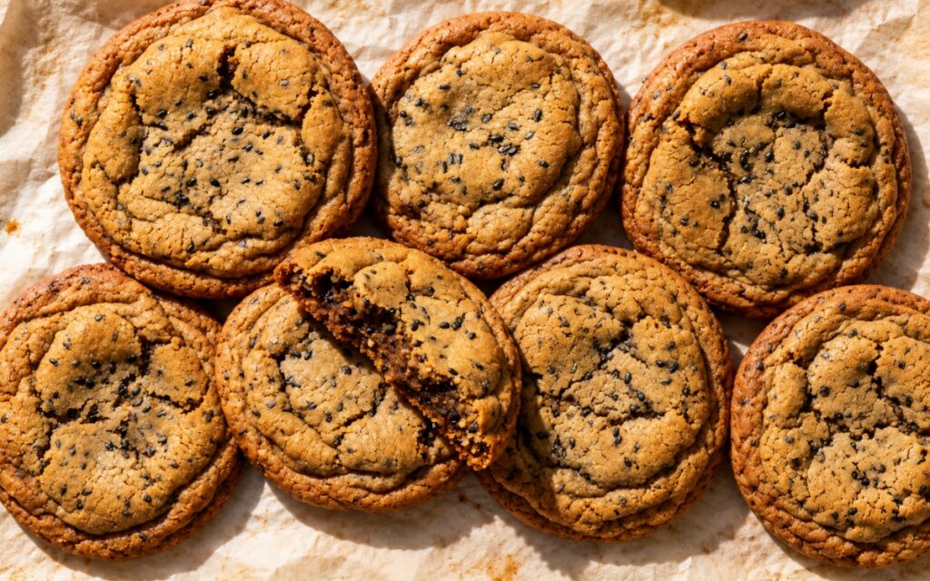 Black sesame brown sugar cookies with wrinkled tops and visible sesame flecks