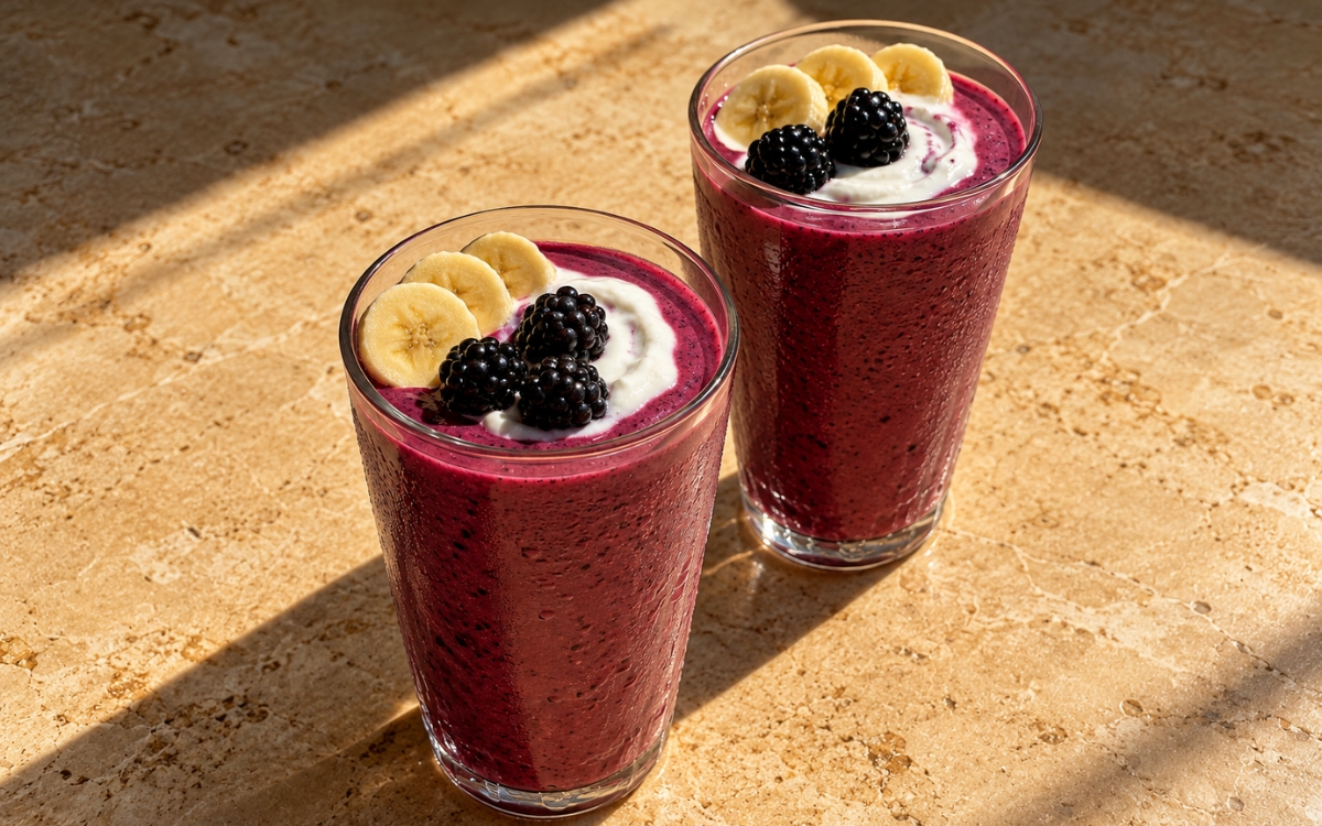 Blackberry banana smoothie showing a thick deep purple smoothie topped with a yogurt swirl, banana slices, and whole blackberries, on marble surface
