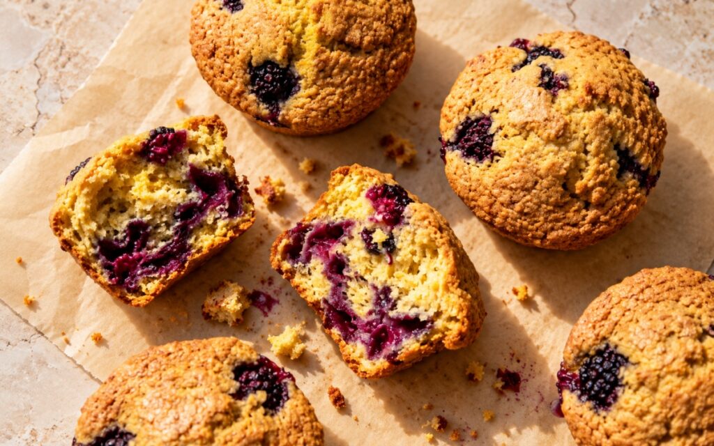 Blackberry cornmeal muffins with tall domed tops and visible blackberry pockets