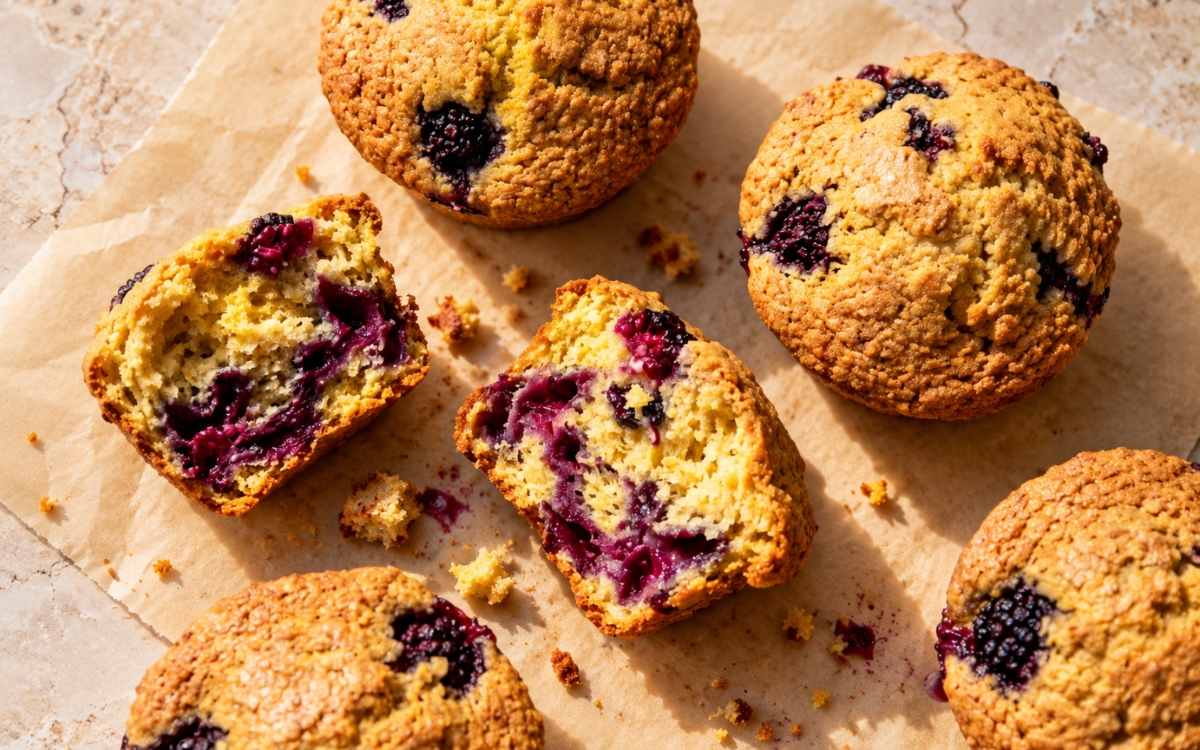 Blackberry cornmeal muffins with tall domed tops and visible blackberry pockets