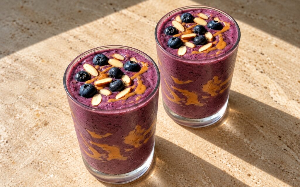 Blueberry almond butter smoothie showing a thick deep purple smoothie with almond butter swirls, fresh blueberries, and sliced almonds, on marble surface