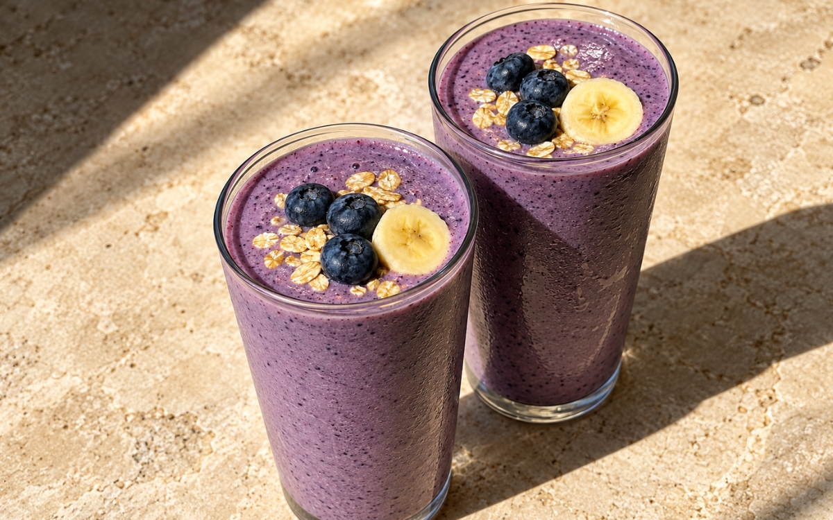 Blueberry banana oat smoothie showing a thick lavender-blue smoothie topped with rolled oats, fresh blueberries, and a thin banana slice, on marble surface
