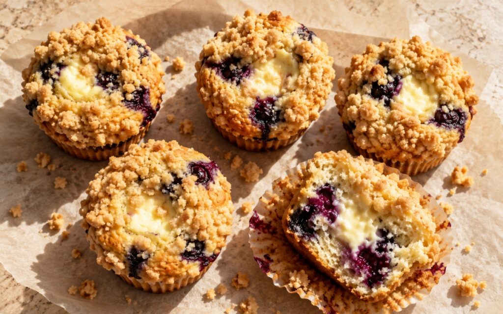 Blueberry cheesecake crumble muffins with golden domed tops and visible blueberries
