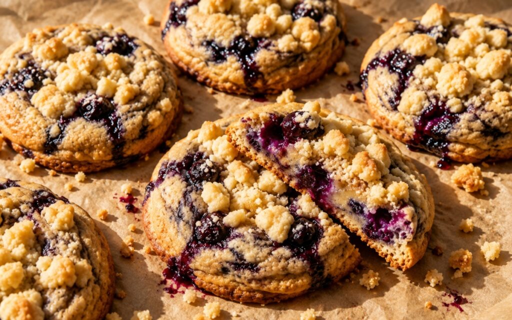 Blueberry crumble cookies with golden edges and a buttery crumble topping