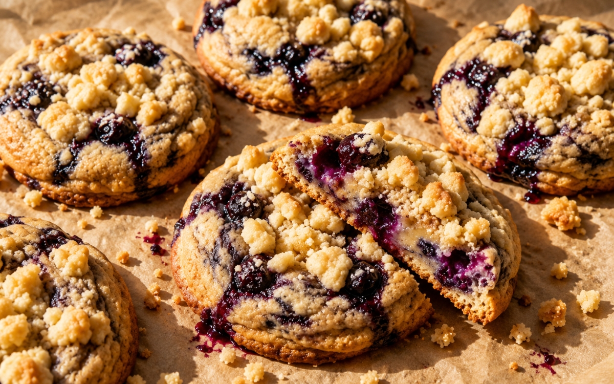 Blueberry crumble cookies with golden edges and a buttery crumble topping